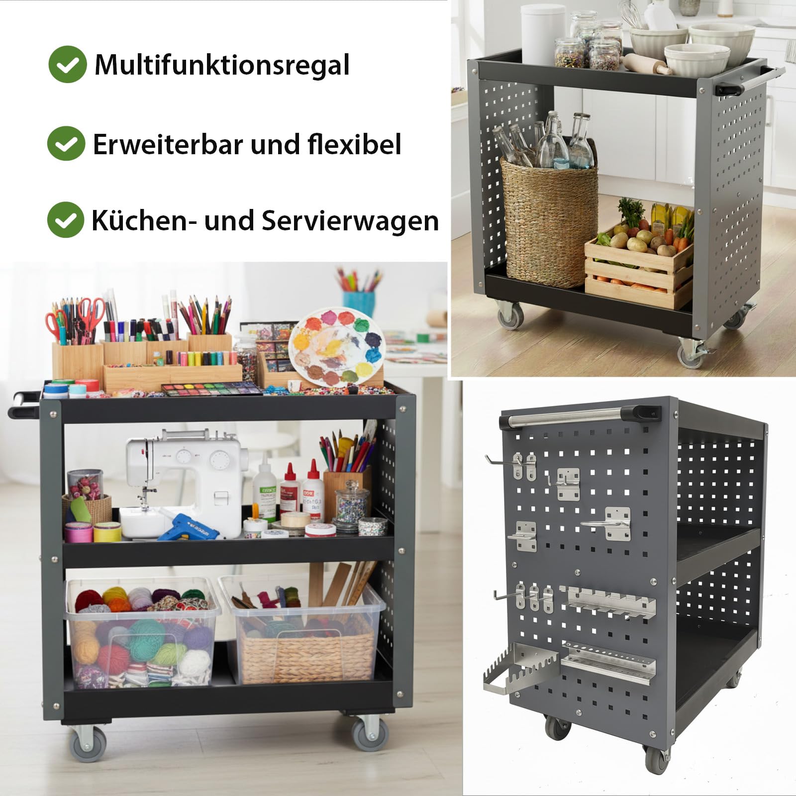 TRUTZHOLM Servicewagen 3 Fächer Werkstattwagen bis 300 kg Traglast 70x39x79 cm auf Rollen, Werkzeugwagen| Rollwagen | Multifunktionswagen | Etagenwagen