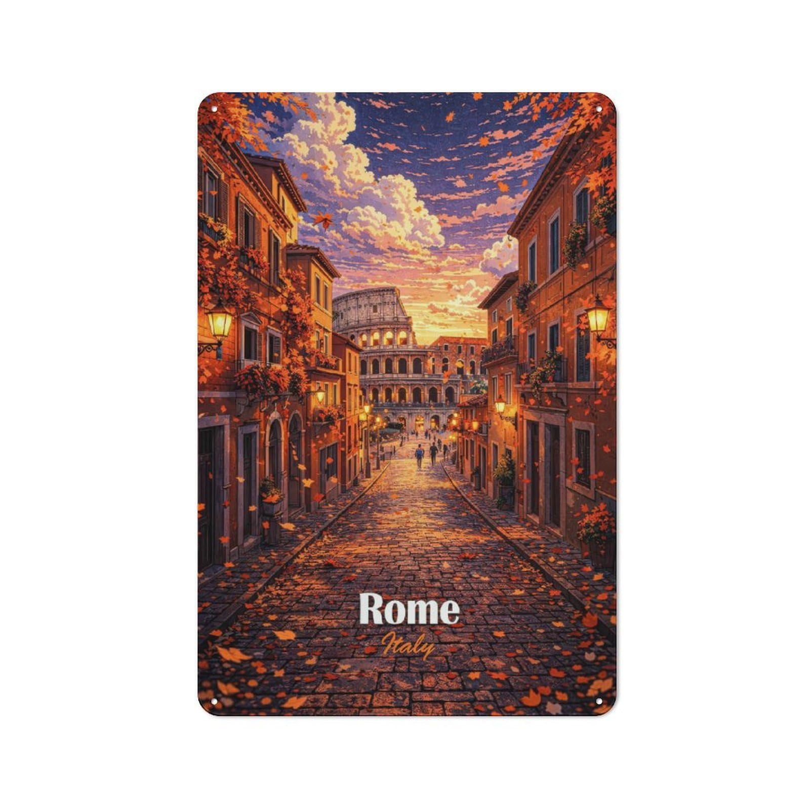 Junmoney Style For Guest Room Or Hallway, Rome Street With Colosseum At Sunset Vintage Metal Sign 30X20cm, New-Space Wall Decor For Home Decor Collectors