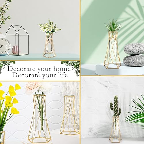 Miniatura 7 de Roshtia Juego de 8 jarrones dorados para centros de mesa, jarrones de tubo de ensayo geométricos de metal, moderno soporte de flores hidropónicas