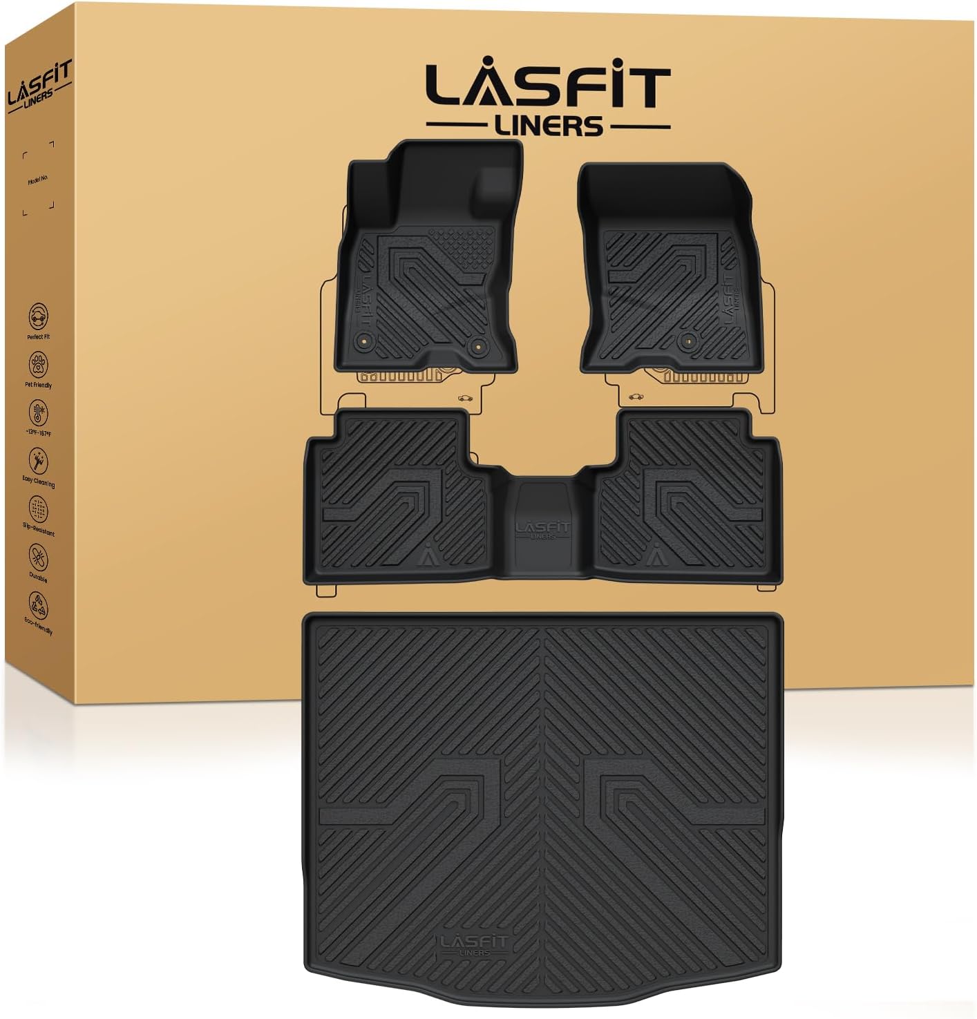 LASFIT Floor Mats and Cargo Liner for Ford Escape Hybrid 2020-2025 2026(NOT for Gasoline Models) All Weather Protector TPE Custom Fit Car Floor Liners, 1st & 2nd Row & Trunk Set, 4PCS Black