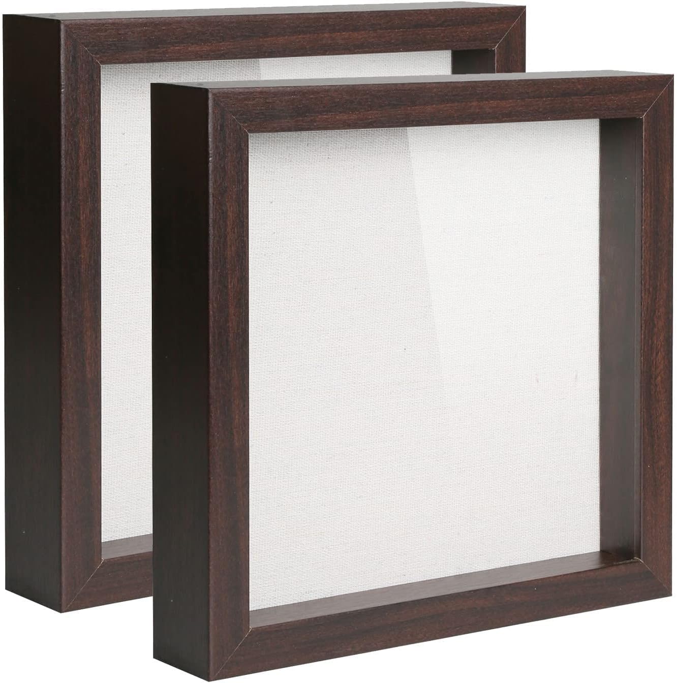 Muzilife 10x10 Shadow Box Picture Frame with Linen Board Deep Wood Glass Display Case Ready to Hang Memory Box, Awards, Medals, Wedding, Tickets and Photos, Walnut, 2Pcs