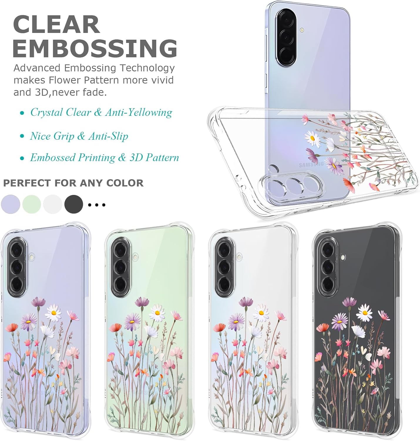 Floral Clear Case for Samsung Galaxy A36 5G for Women Girls,Pretty Phone Cover for Galaxy A36 5G,Flower Design Cute Pattern Slim Soft Drop Proof Protective TPU Bumper Case,FL-37 - Image 2