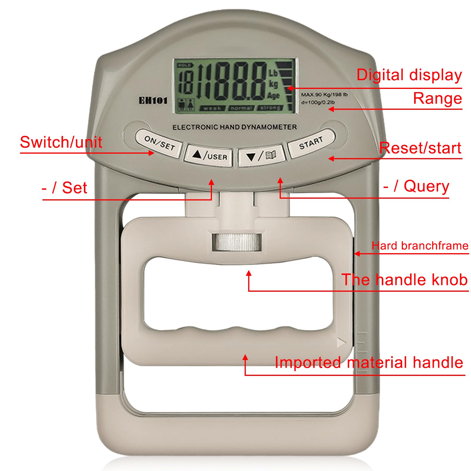 Kensbro Digitale handkrachtmeter, 396 lb/180 kg, elektronische grijpkracht, meetinstrument, groot led-beeldscherm, handdynamometer met USB-oplaadkabel, intelligent en gevoelig (zwart