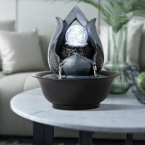 Miniatura 2 de WICHEMI - Fuentes de mesa de agua interior con bola rodante LED, fuente de agua Feng Shui Zen de meditación para escritorio, cascadas de agua