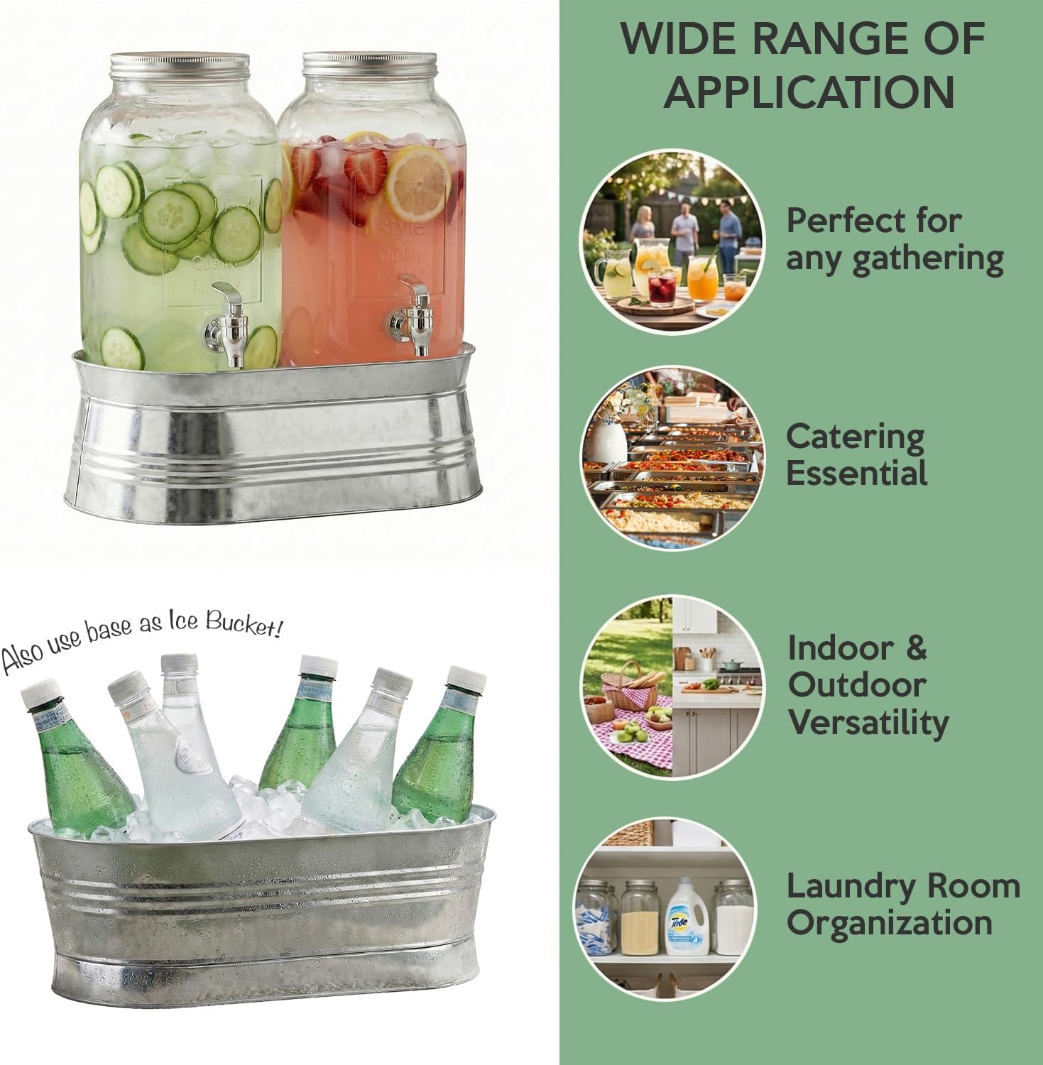 Style Setter Classic Farmhouse Beverage Dispenser Set of 2 Cold Drink Dispenser w/ 1-Gallon Capacity each Glass Jug, Metal Rack & Leak-Proof Acrylic Spigot Great for Parties, Weddings