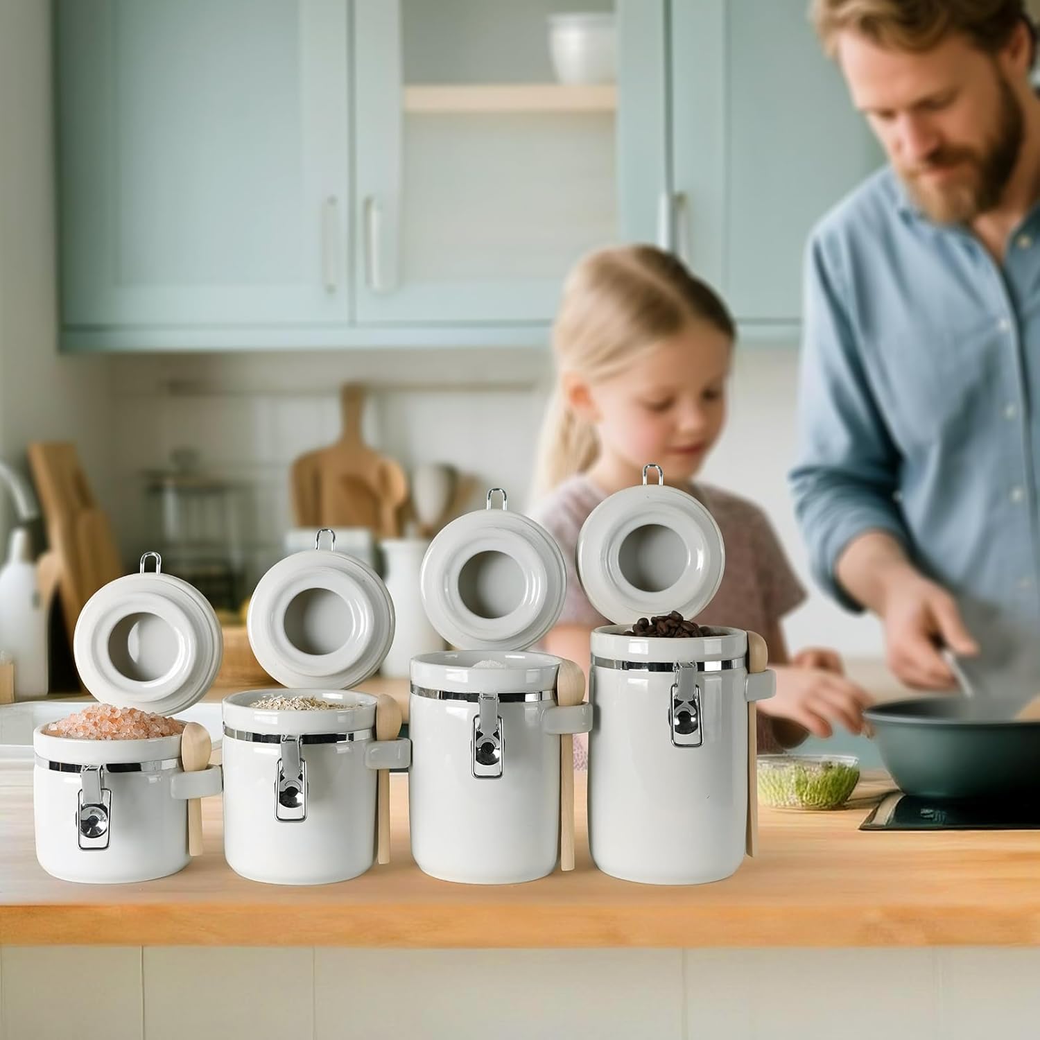 4-Piece Airtight Ceramic Canisters Set with Wooden Spoons & Chalk Labels – Perfect for Coffee, Sugar, Flour, Tea (White) – Stylish & Leakproof Kitchen Storage
