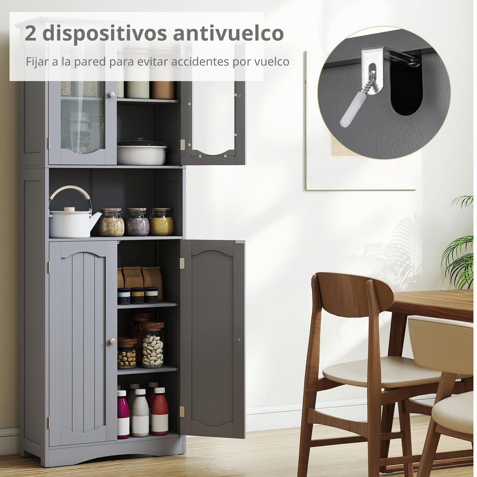 LIFEZEAL Armario Alto para Baño Independiente con Puertas de Cristal, Armario de Baño con Estantes Ajustables, Organizador de Almacenamiento para Cocina, Salón, Oficina, 60 x 30 x 164 cm (Gris)