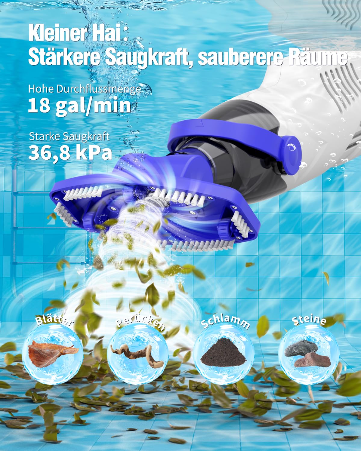 Little Shark Akku-Poolstaubsauger für Aufstellpools und Whirlpools, 60-W-Motor, Starke Saugleistung von 18 GPM, kompakter, 5000-mAh-Akku, 60 Minuten Laufzeit (weiß)