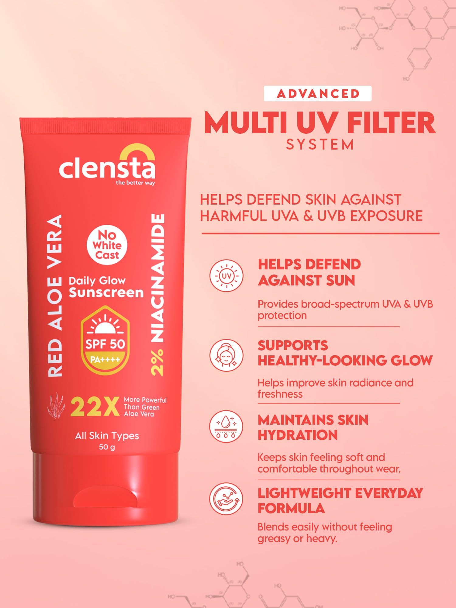 Clensta Red Aloe Vera Daily Glow Sunscreen For All Skin Types SPF 50 PA++++ | No White Cast With Red Aloe Vera & 2% Niacinamide, Lightweight, For Sun Protection & Glow - 50 G 4
