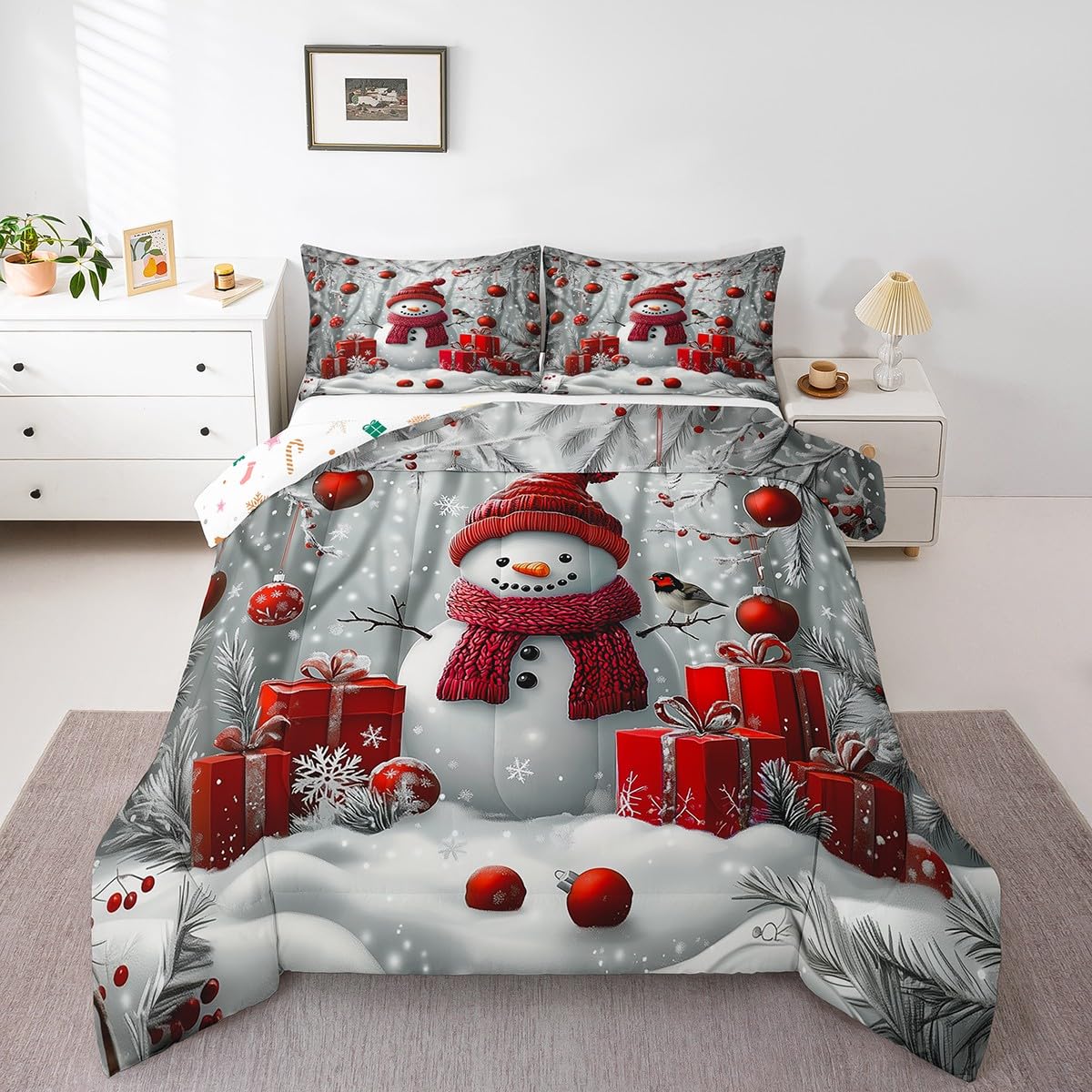 Erosebridal Christmas Snowman Bedding Comforter Sets King Size, Merry Xmas Comforter Set for Girls Kids Boys, Xmas Bell Snowflake Bedding Set
