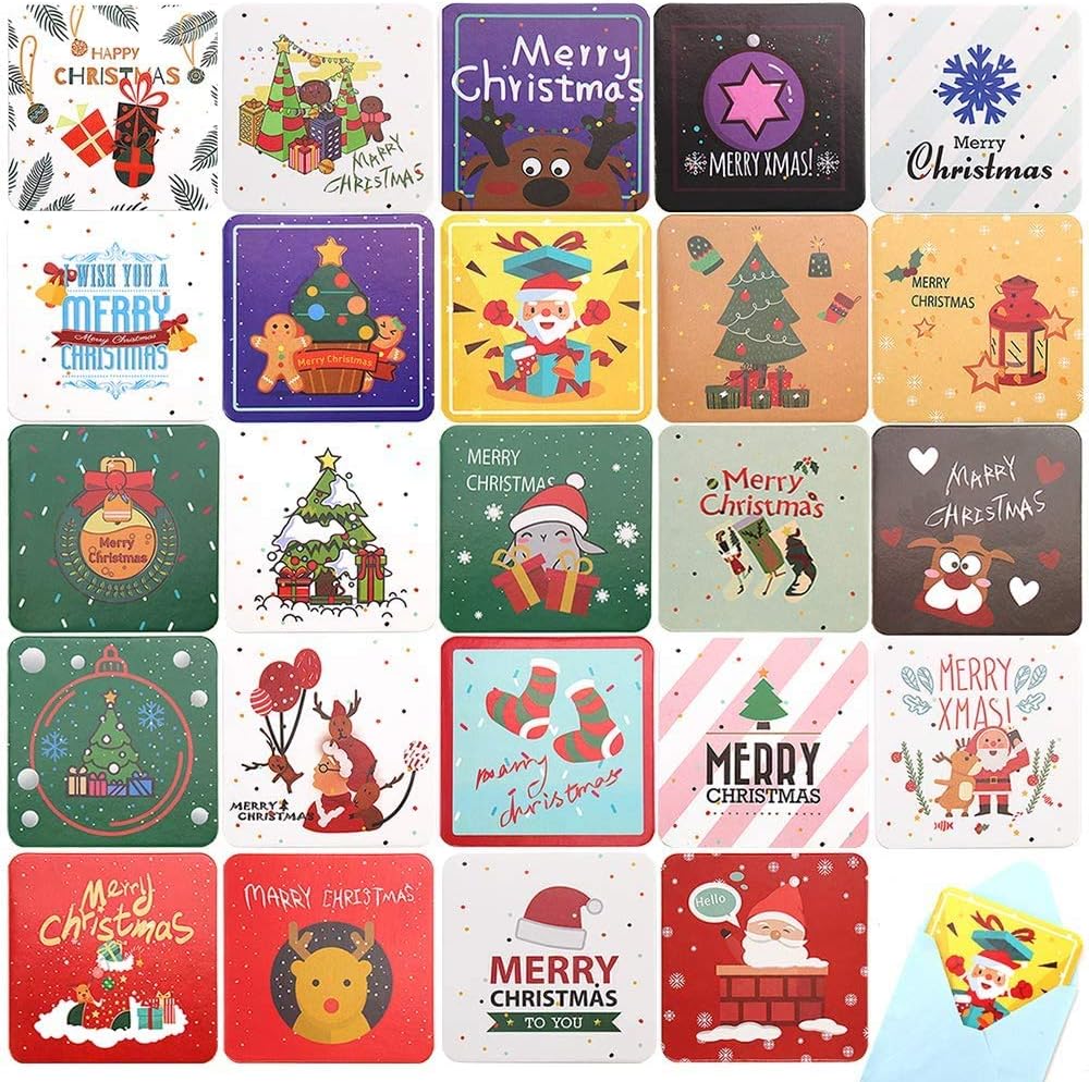 24 Pcs Mini Christmas Cards with Envelopes, Merry Christmas Greeting Cards Assorted Holiday Xmas Blank Cards in 24 Unique Designs, 2.7X 2.7 Inches