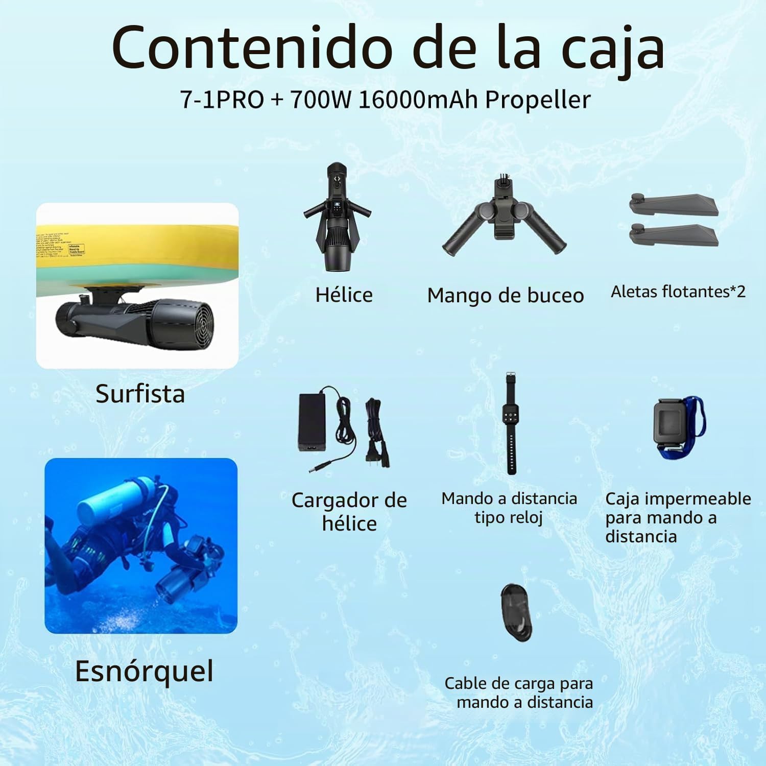 Camolech Scooter eléctrico subacuático de 700 W, scooter marino con control por pulgar para tabla de remo SUP, apto para piscina, buceo y esnórquel, scooter acuático para adultos y niños (CM7-1 Pro)