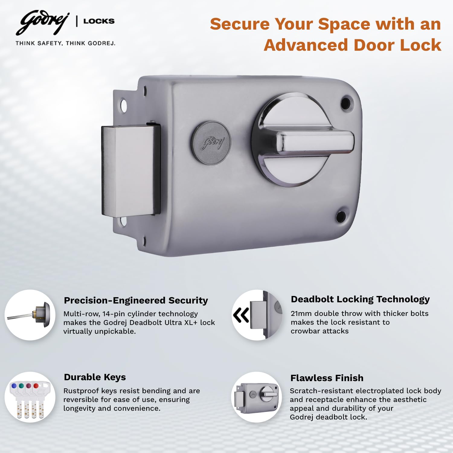 Godrej Rim Lock I Rim Deadbolt Ultra XL+ I 1CK Deadbolt I for Inside Opening Wooden Door | Left/Right Handed Doors I 4 Keys I 5-Year Warranty I Manual Locking l Matte Black Nickel Finish — Amazon image 4