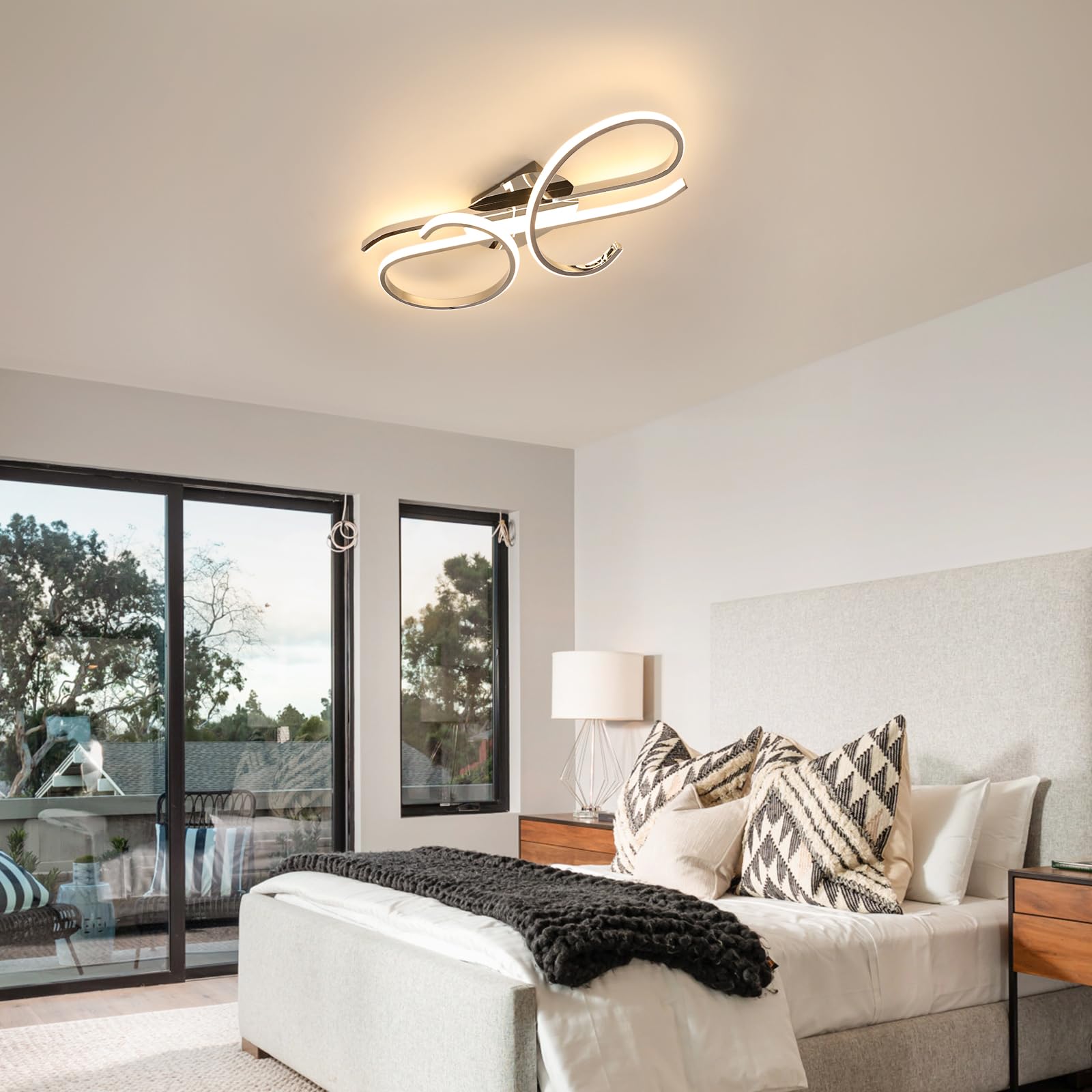 DELIPOP Plafoniera LED Soffitto Dimmerabile, 30W Lampadario Soffitto Moderno con Telecomando 3000K-6500K, Cromato Plafoniera Design Curvo Musicale per Camera da Letto, Soggiorno, Ingresso & Hotel