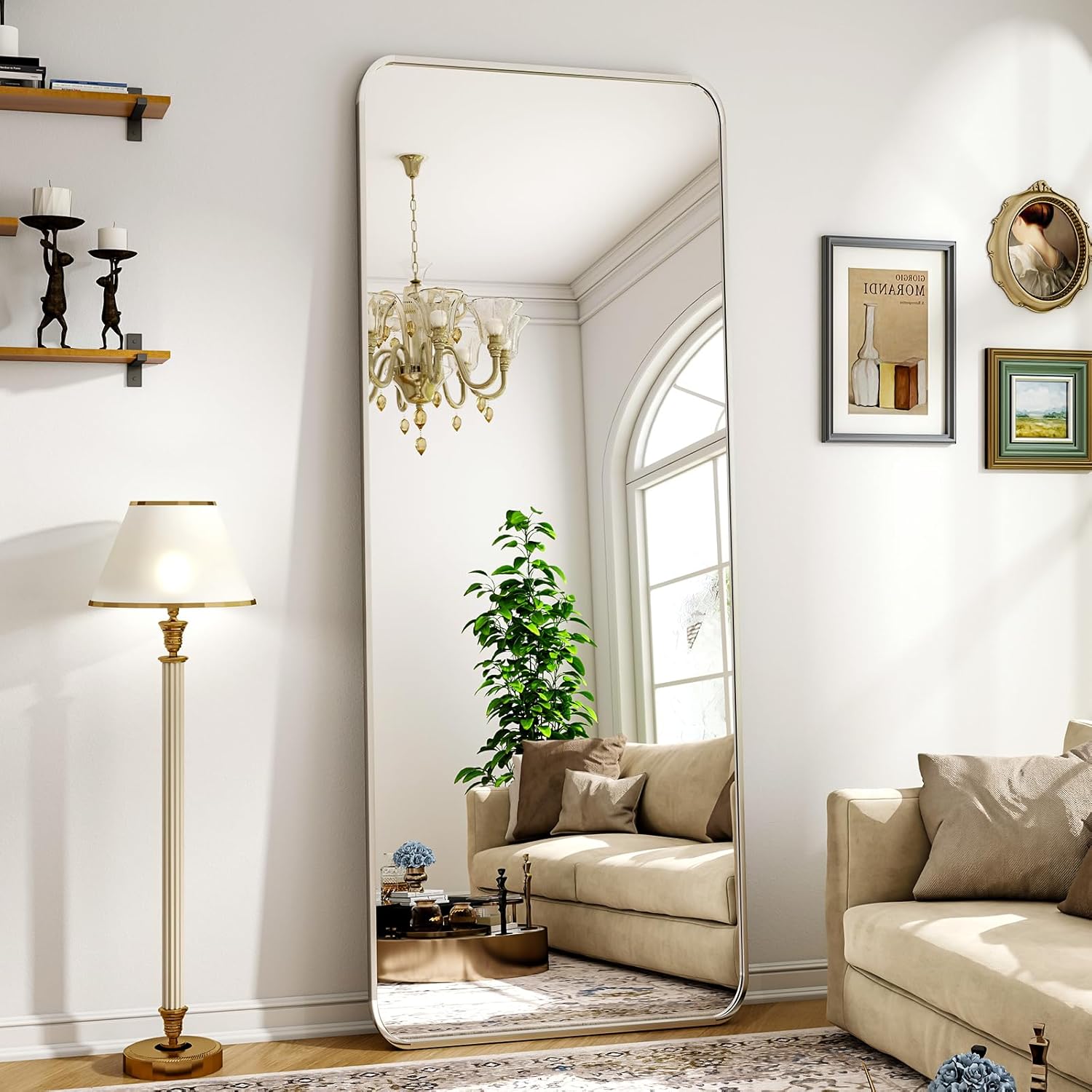 Silver Full Length Mirror 21 x 56 Inch Nano Floor Mirrors with Stand Rounded Corner Full Body Mirrors with Aluminum Alloy Frame for Bedroom Living Room Checkroom