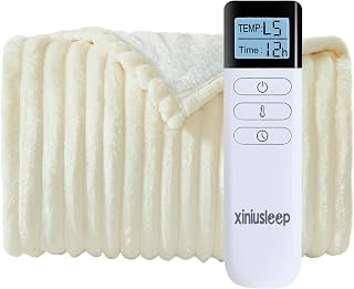 XINIUSLEEP Heated Electric Blanket Throw 62x84 Flannel Sherpa, 5 Heat Levels, 12Hr Timer, Wireless Control, Machine Washable Beige