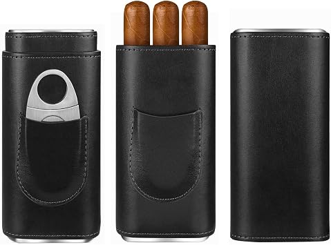 3-Finger Leather Cigar Case with Cutter Cedar Wood Lined Cigar Humidor Portable Travel Cigar CaseBlack