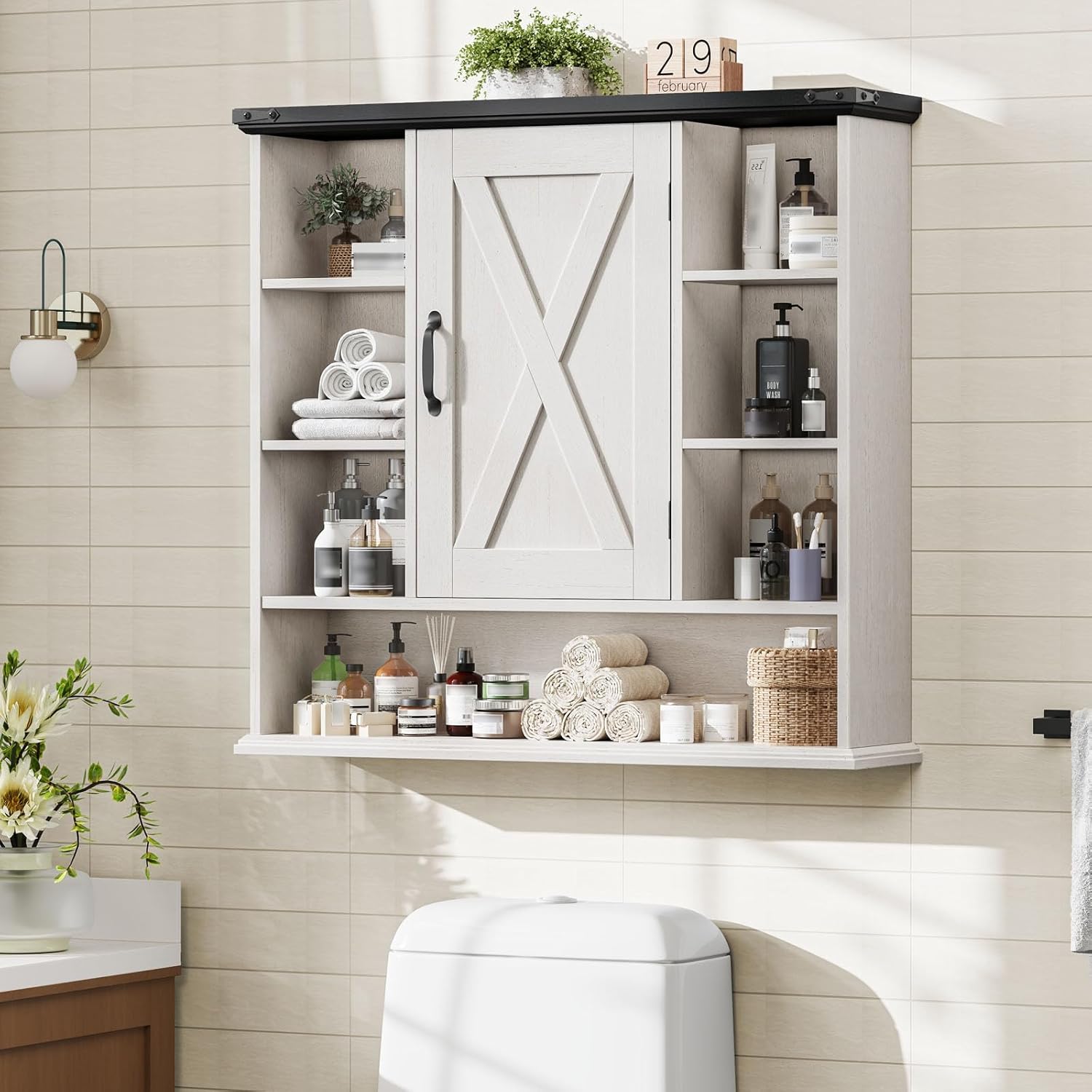 Bathroom Wall Cabinet, Farmhouse Medicine Cabinet with Adjustable Shelves and Barn Doors, Large Wall Mounted Over the Toilet Storage Cabinet for Bathroom, Laundry Room, Kitchen, Rustic White and Black