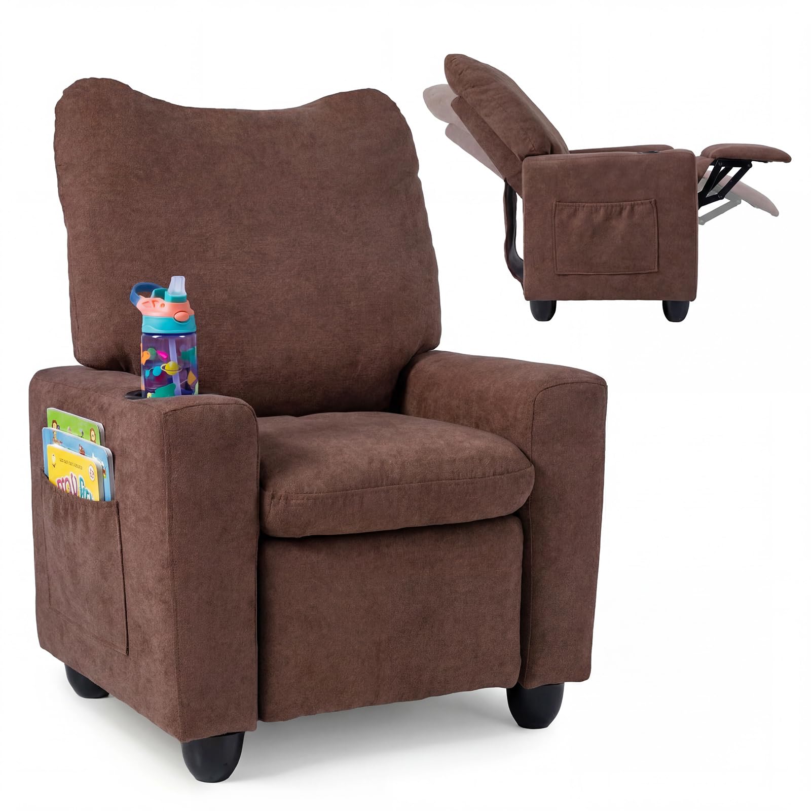 Costzon Kids Recliner, Toddler Lounge Chair with Cup Holder for Boys Girls Room, Push Back, Side Pockets, Adjustable Footrest & Headrest Sofa for Age 3+ Gifts, Kids Mini Recliner up to 150 lbs