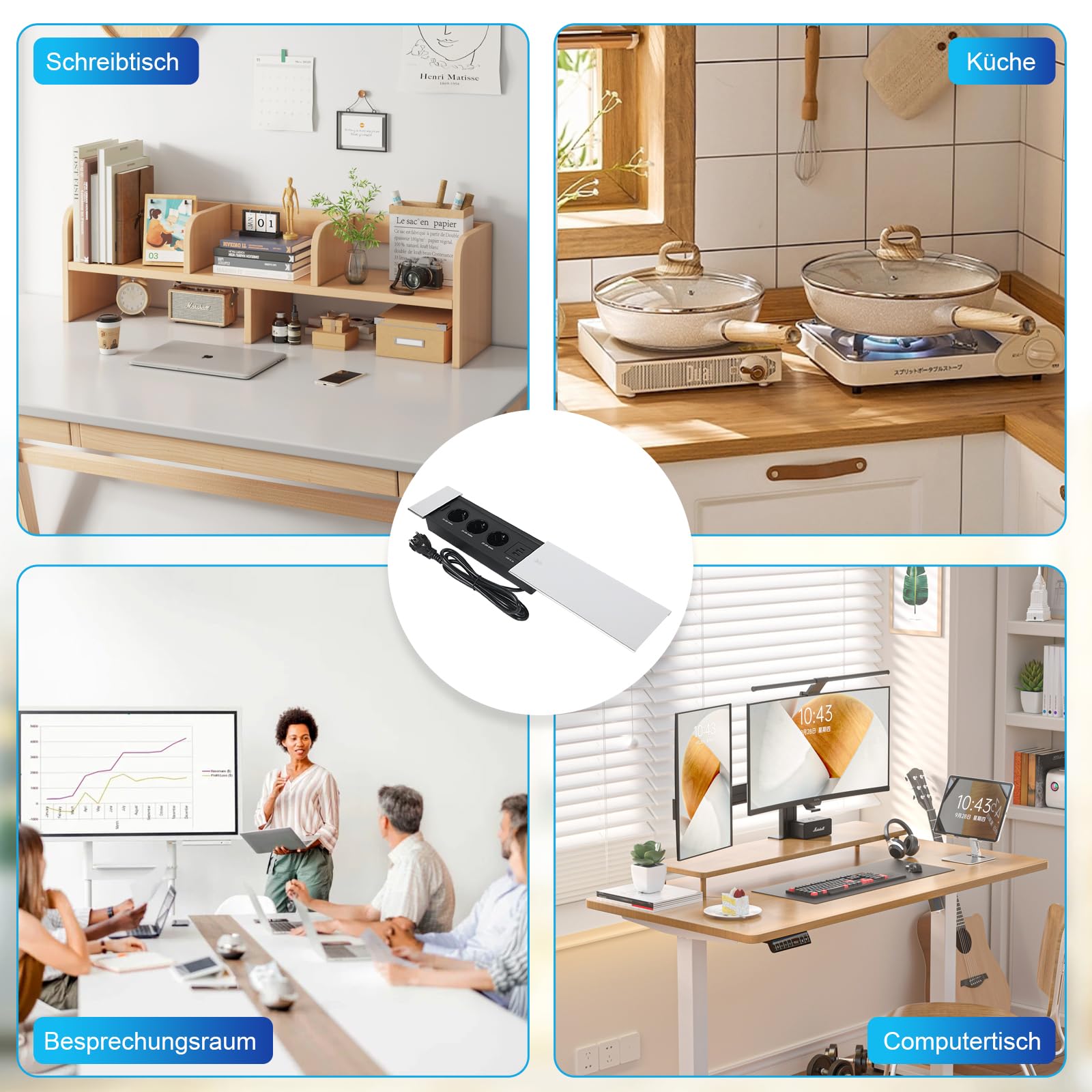 Presa a scomparsa, 3 scomparti con 2 USB A e USB C e coperchio scorrevole per scrivanie, tavoli da lavoro, tavoli da pranzo, cucina (argento, 3 scomparti)