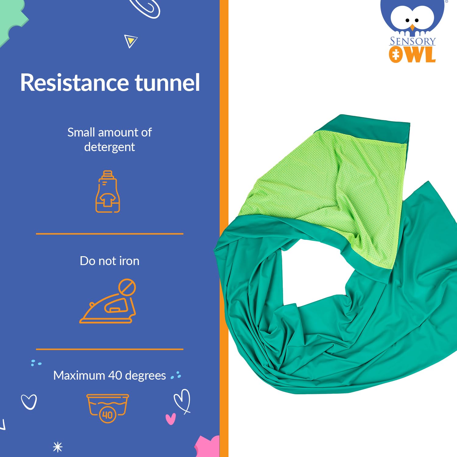 Sensory Owl Kids Tunnel 50 x 200 cm Sensory Compression Play Sensory Sack Body Awareness Stress Relief Autism Anxiety Green Light Green - Image 2
