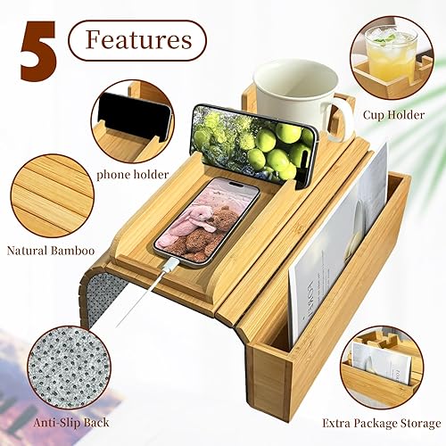 Miniatura 3 de Juego de bandejas de brazo de bambú para sofá, tamaño grande (16.5 x 13.4 pulgadas) y pequeño (16.5 x 4.7) soporte antideslizante para tazas,