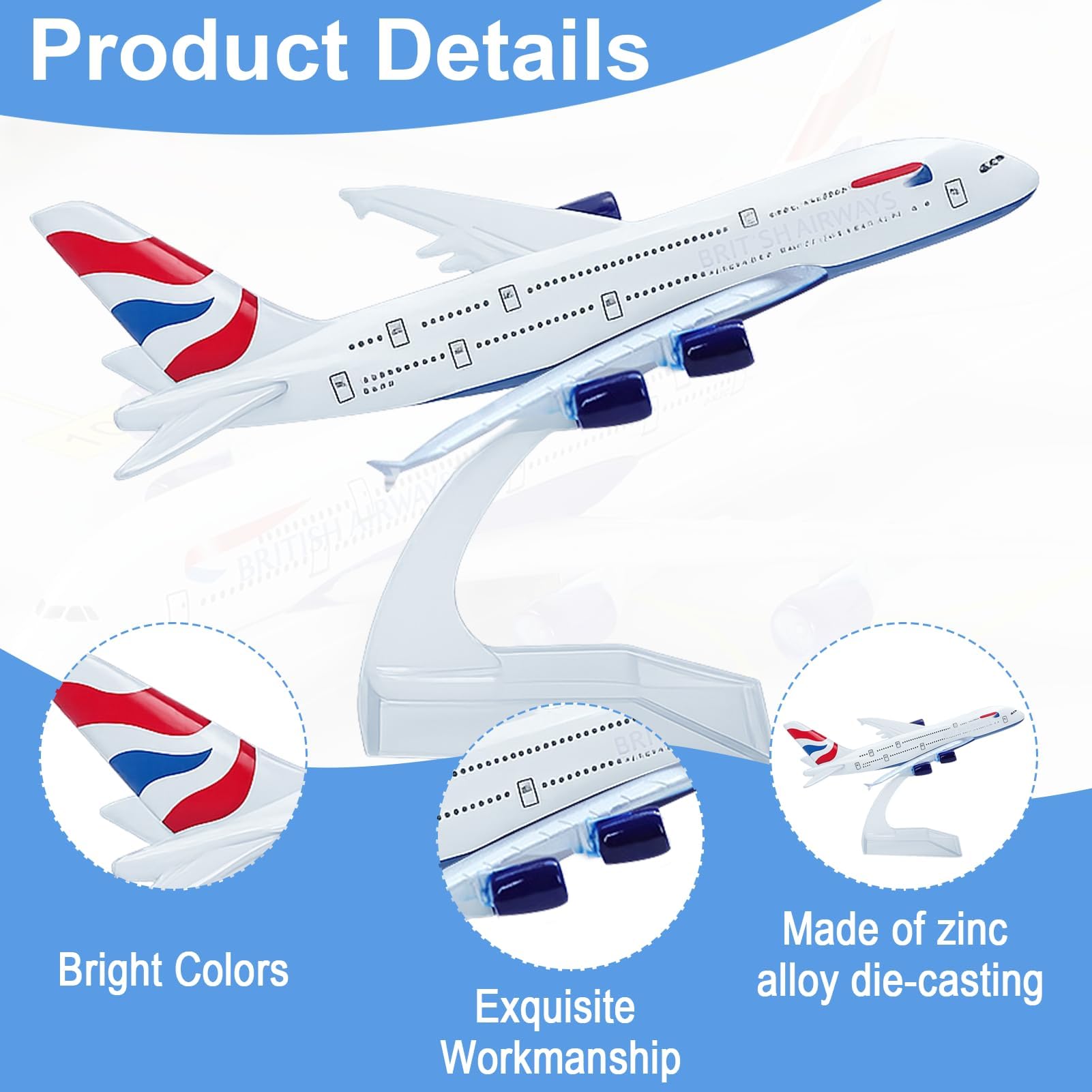 1 PCS 1/400 Scale Plane Model, A380 Model Plane, British Airways Planes Diecast Metal Airplane with Stand, Alloy Aircraft Toy Planes for Kids Aviation Enthusiasts, Collectible Display Decoration Gift - Image 3