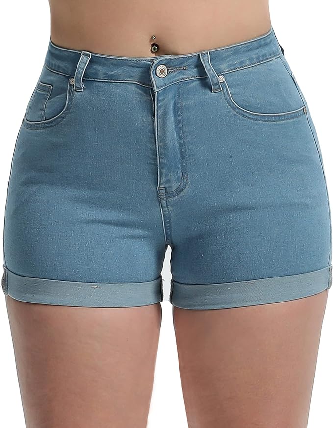 Laeyzuo Women's High Waisted Stretch Jean Shorts Foldead Hem Fashion Denim Shorts