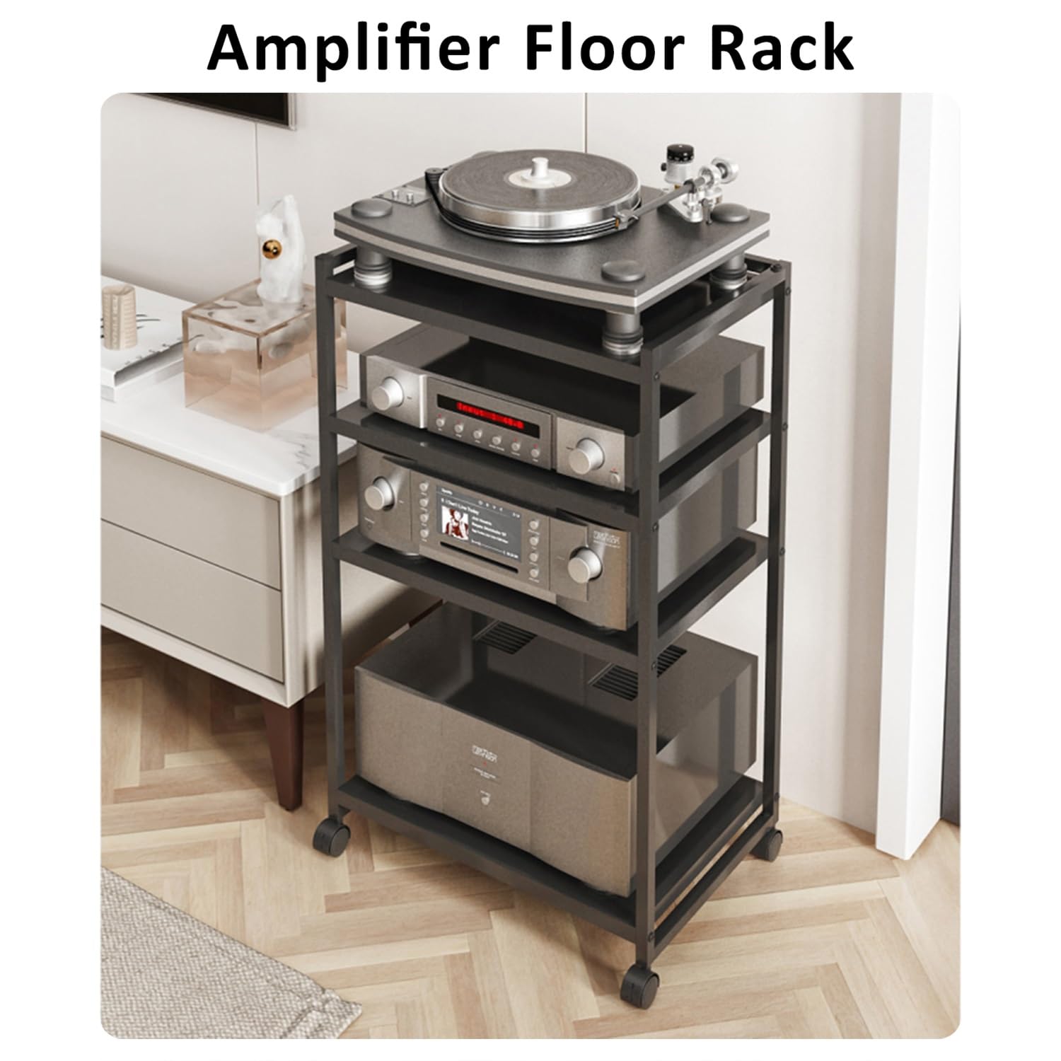 3/4 Livelli Armadio Audio HiFi Rack Rack Audio Mobile con Ruote Universali Audio AV Tower Media Stand Mobile Stereo HiFi Rack HiFi Aperto Multifunzione per Soggiorno Ufficio.(50x35.1x88cm)