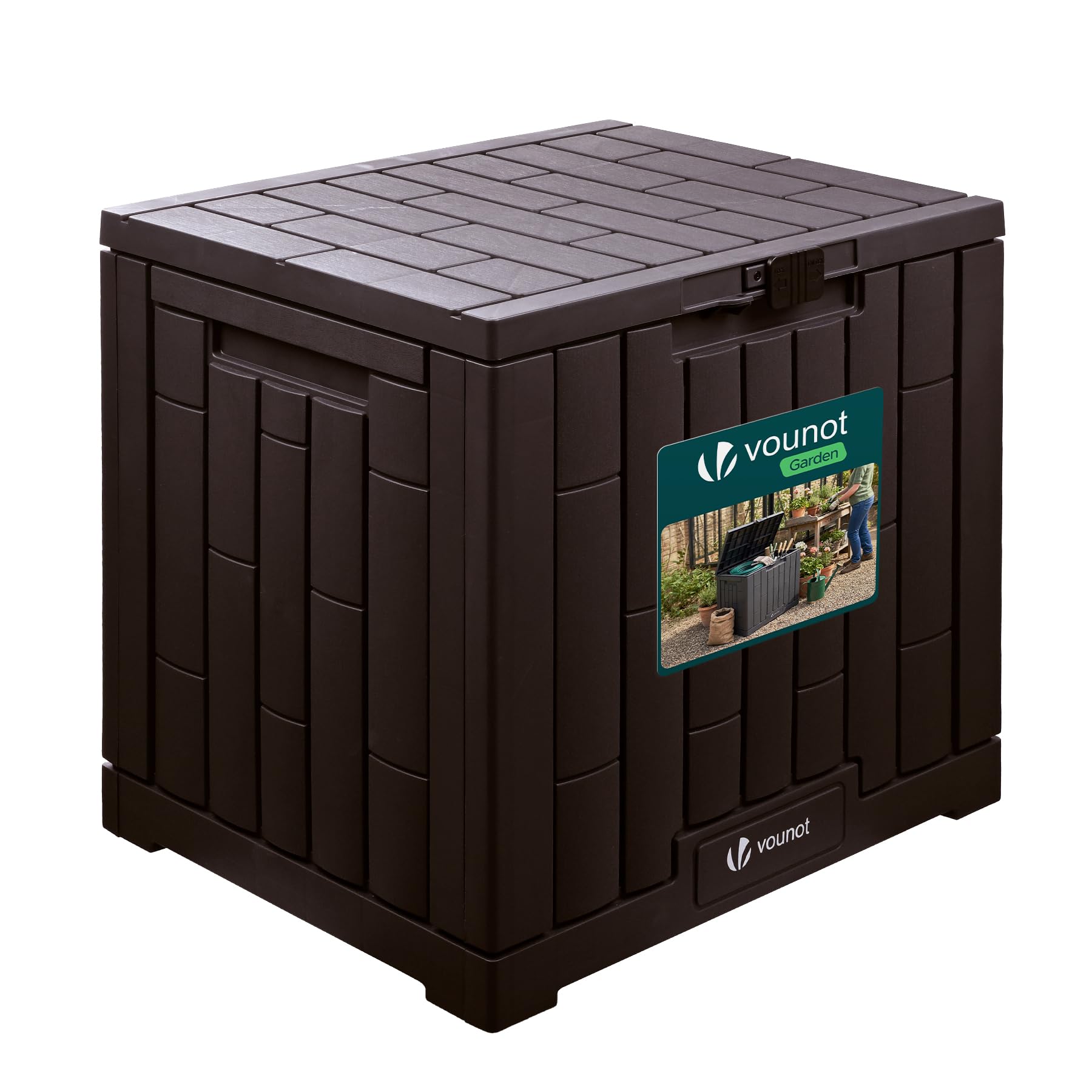 VOUNOT® Arcón Exterior Capacidad 126L PP Baúl Almacenaje Exterior con Cerradura Tapa y Asas Impermeable Caja de Almacenamiento Patio 56x44x53 cm Cofre para Ordenación de Jardín Balcón y Terraza Marrón