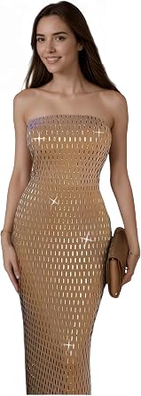 Figdaw Strapless Rhinestone Maxi Dresses Evening Gowns for Women Formal Sexy