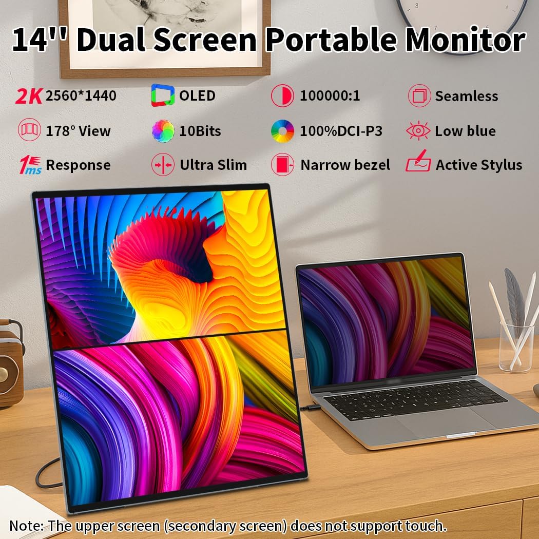 Dual Monitor 14 Inch 2K OLED,Portable Touch Monitor for Laptop Extender| 2K |100% DCI P3|Plug-Play|Stand- VESA| |Slim-Frameless| Computer Triple Display Laptop PC Windows Mac