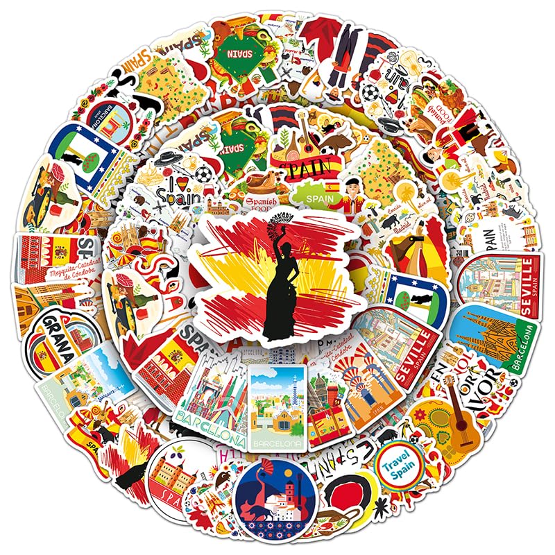 Spain Travel Scrapbook Stickers 50pcs Spanish Landmark Culture Designs for Laptops Bottles Suitcases Holiday Theme Pack for Teens Adults DIY Decoration Craft Use