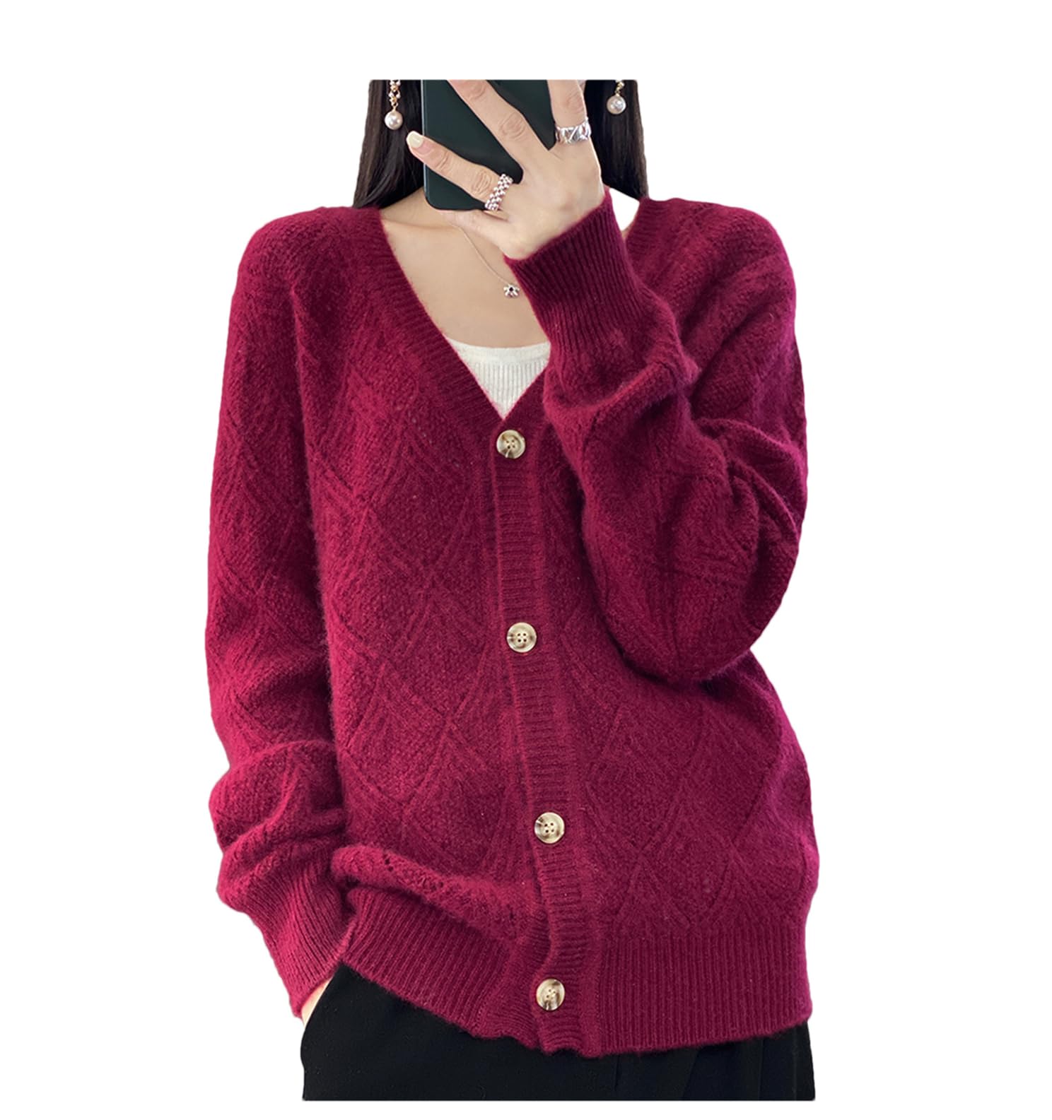 AGAATI Suéter 100% de Lana Lisa para Mujer, cárdigan Suelto de Punto con Cuello en V, Abrigo Hueco, suéter Corto de Cachemira (Rojo purpúreo XXL)