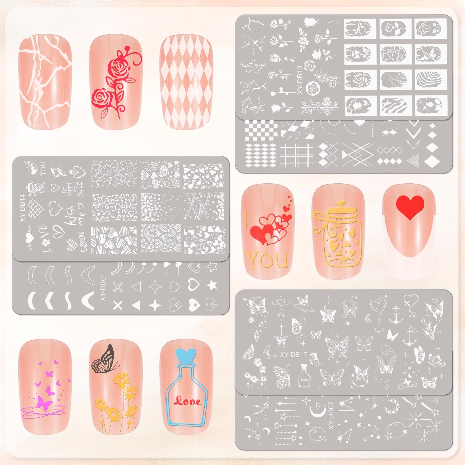 MWOOT 6 PCS Stamping Nail Art, Linee Geometria Fiore Cuore Farfalla Stencil Unghie Nail Art, Unghie Piastre French Manicure Nail Piastra, Unghie Timbro Scraper Piatti Templates per Decorazione Unghie