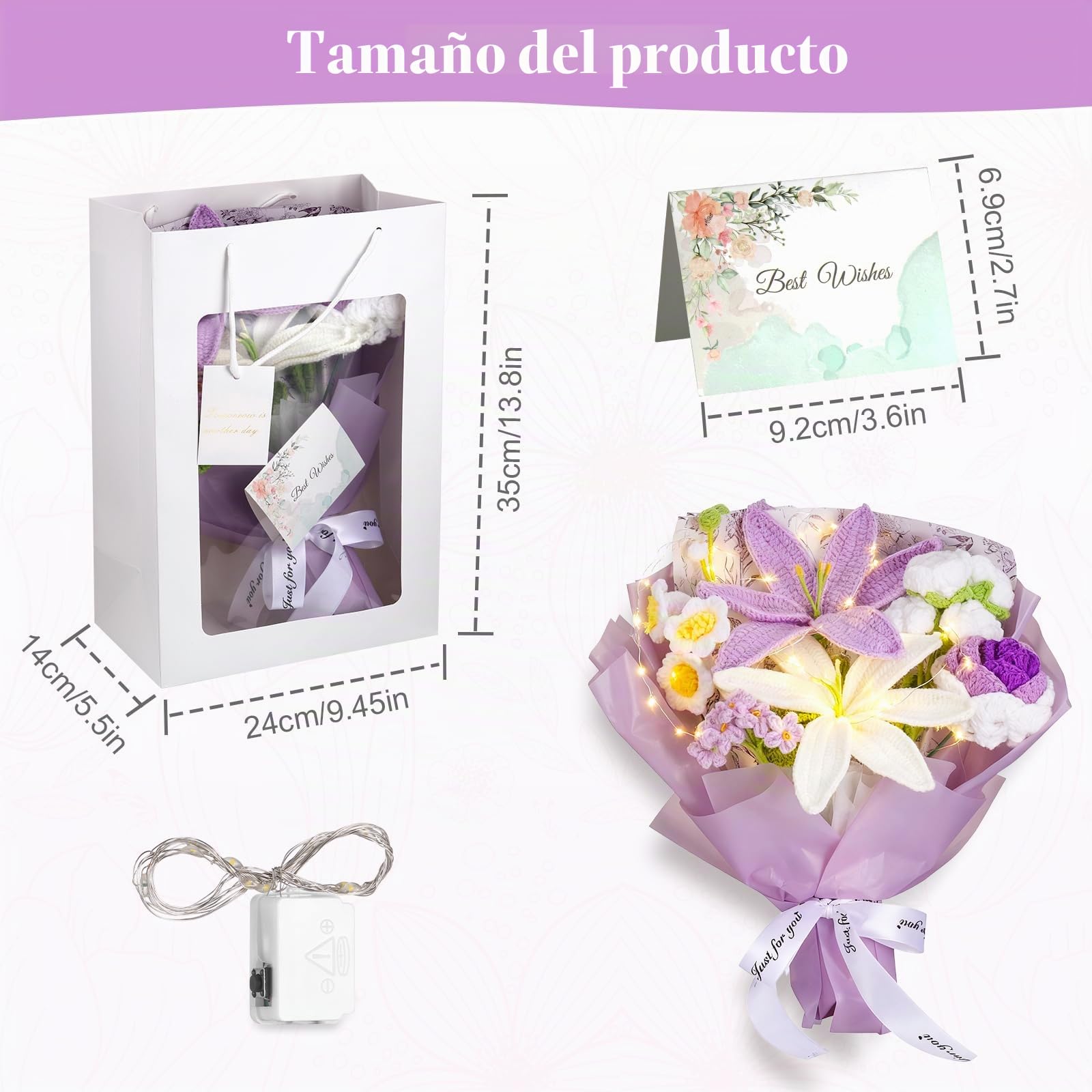 Ramo de Flores de Ganchillo, Flores de Crochet con Ramo y Bolsa, lirios