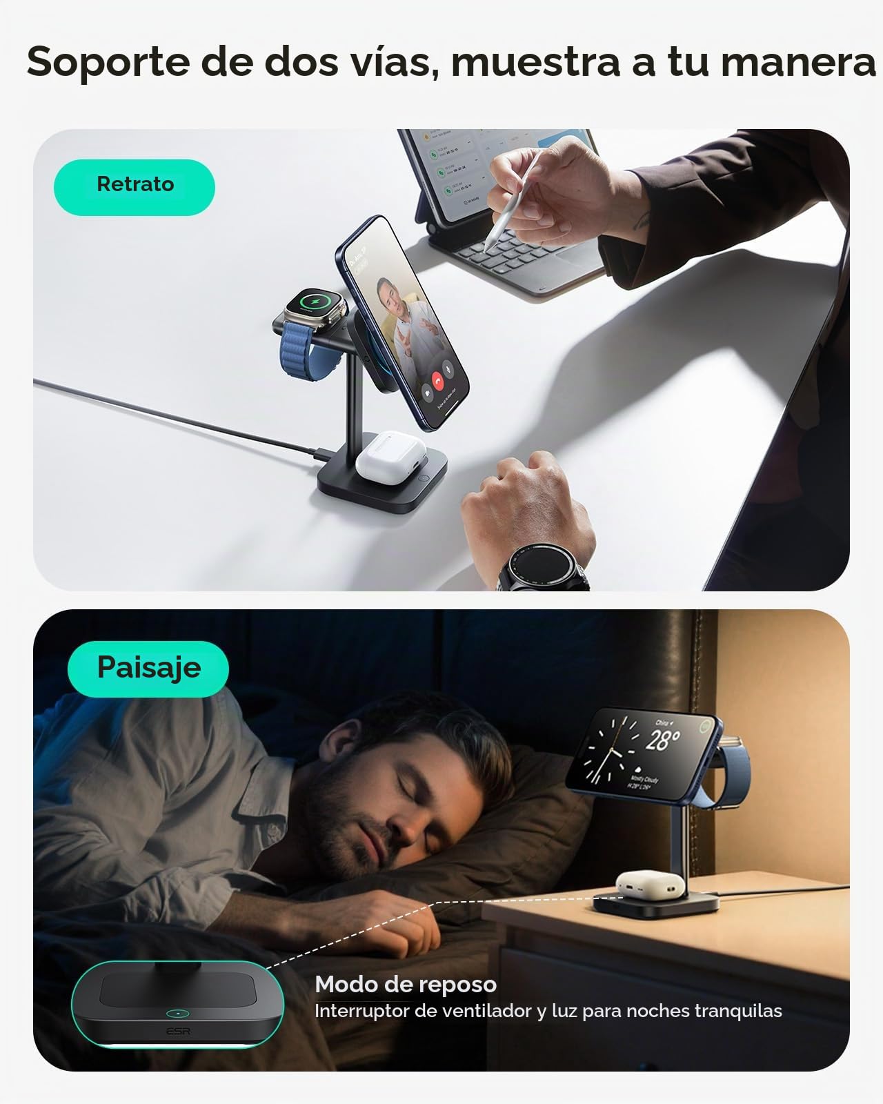 ESR Estación de Carga 3 en 1, Certificación Qi 2.2, MagSafe 25 W y CryoBoost, Carga Rápida con Refrigeración para iPhone 16/15/14/13/12, AirPods y Apple Watch, Negro | 25W y CryoBoost, Cargador Inalámbrico Rápido Stand Magnético para iPhone 16 con iOS 26,