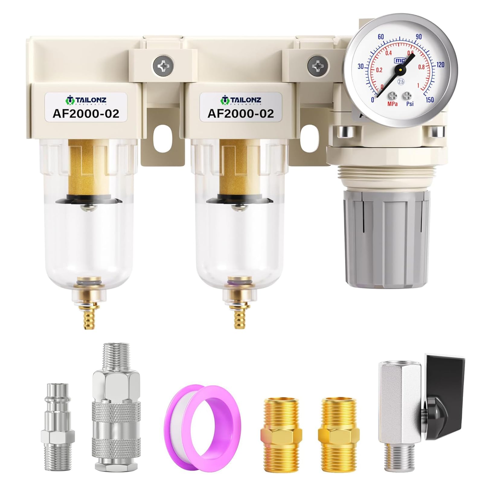 TAILONZ PNEUMATIC 1/4 di pollice BSP 3 in 1 filtro dell'aria regolatore di pressione Combo Piggyback, filtro compressore per utensili ad aria con manometro AF2000+AF2000+AR2000