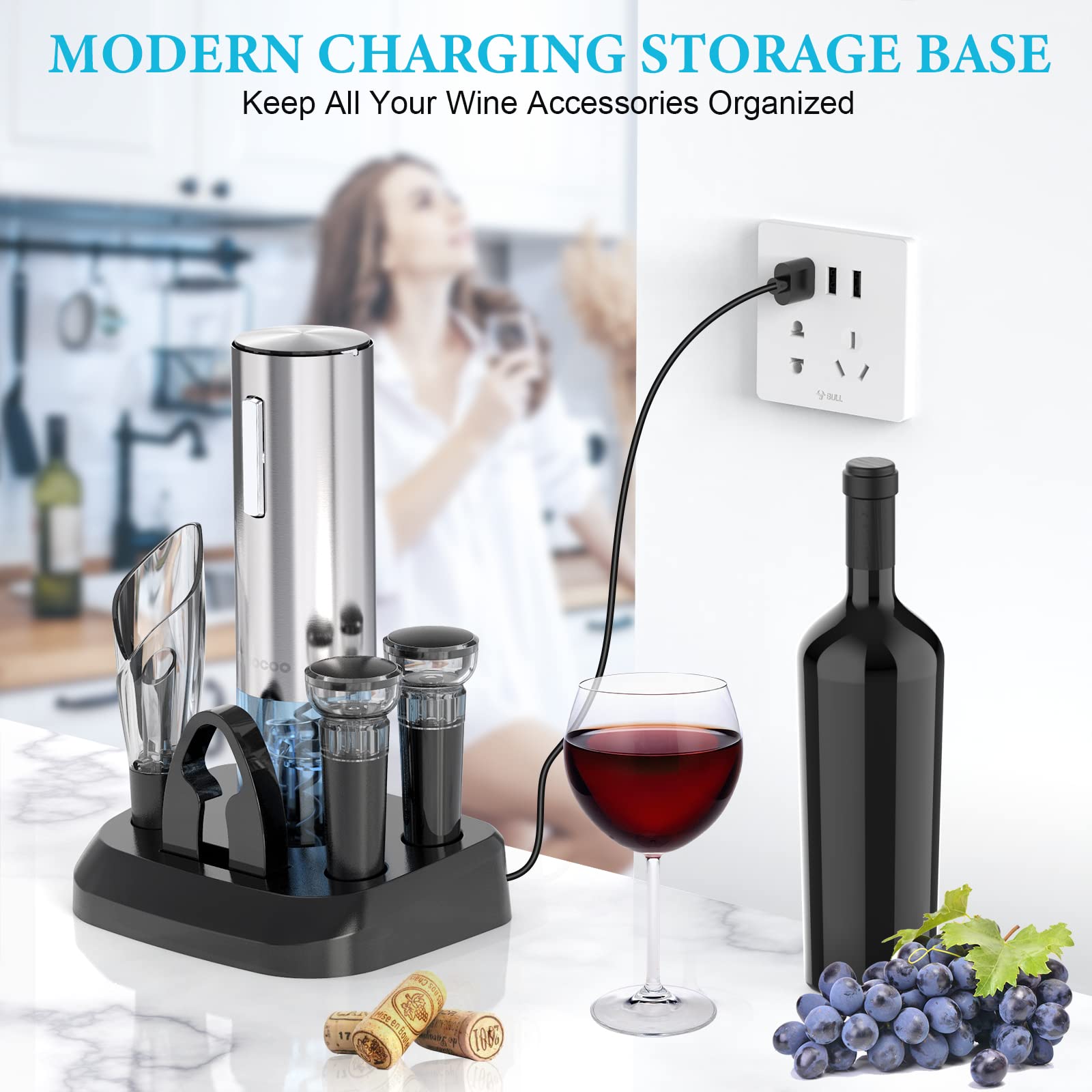 Tire-bouchon électrique Set Complet - Ouvre Bouteille + Coupe-capsule + Aérateur De Vin + Bouchon - Pour Maison, Fêtes, Cadeau - 4
