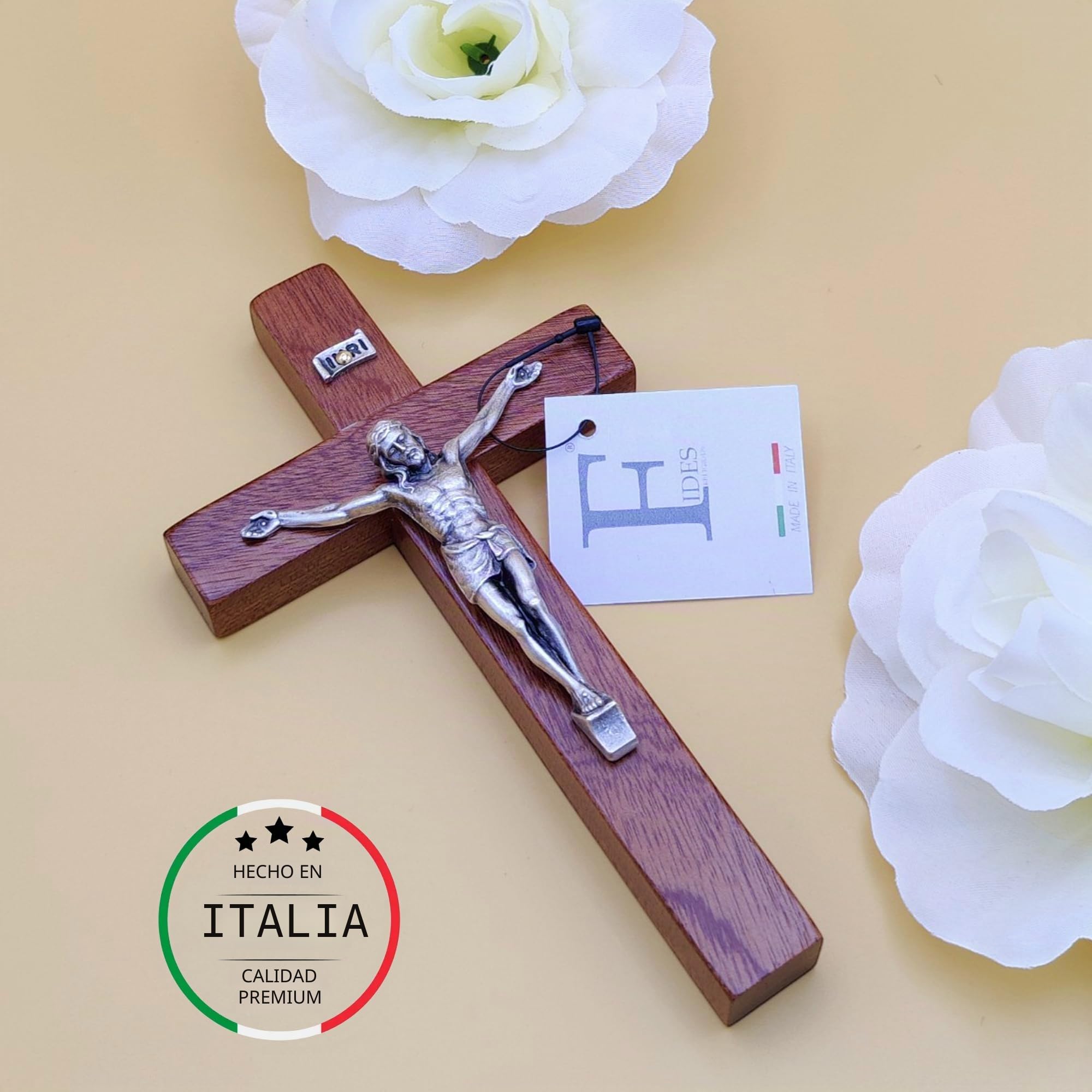 Crucifijo de pared – Artesanal fabricado en Italia Cristo e INRI chapado en plata 999 – Crucifijos de pared de madera, madera preciosa de caoba – Cuidado y precisión de los detalles de Jesús – 16,5 x