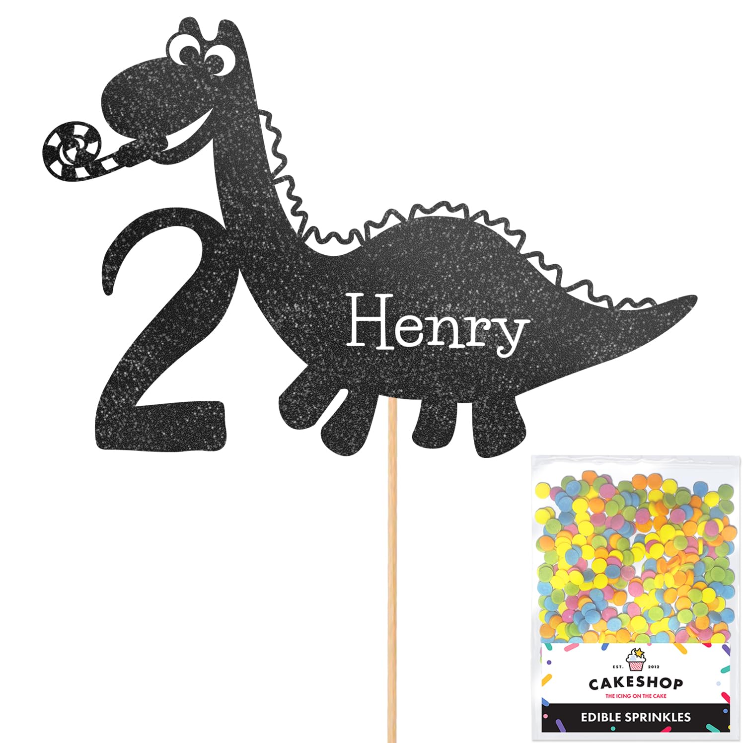 Personalised Birthday Dinosaur Glitter Cake Topper- Black Any Name & Age Glitter Cake Decoration and Sprinkles - Happy Birthday Decorations - Personalised Toppers for Cakes by Cakeshop