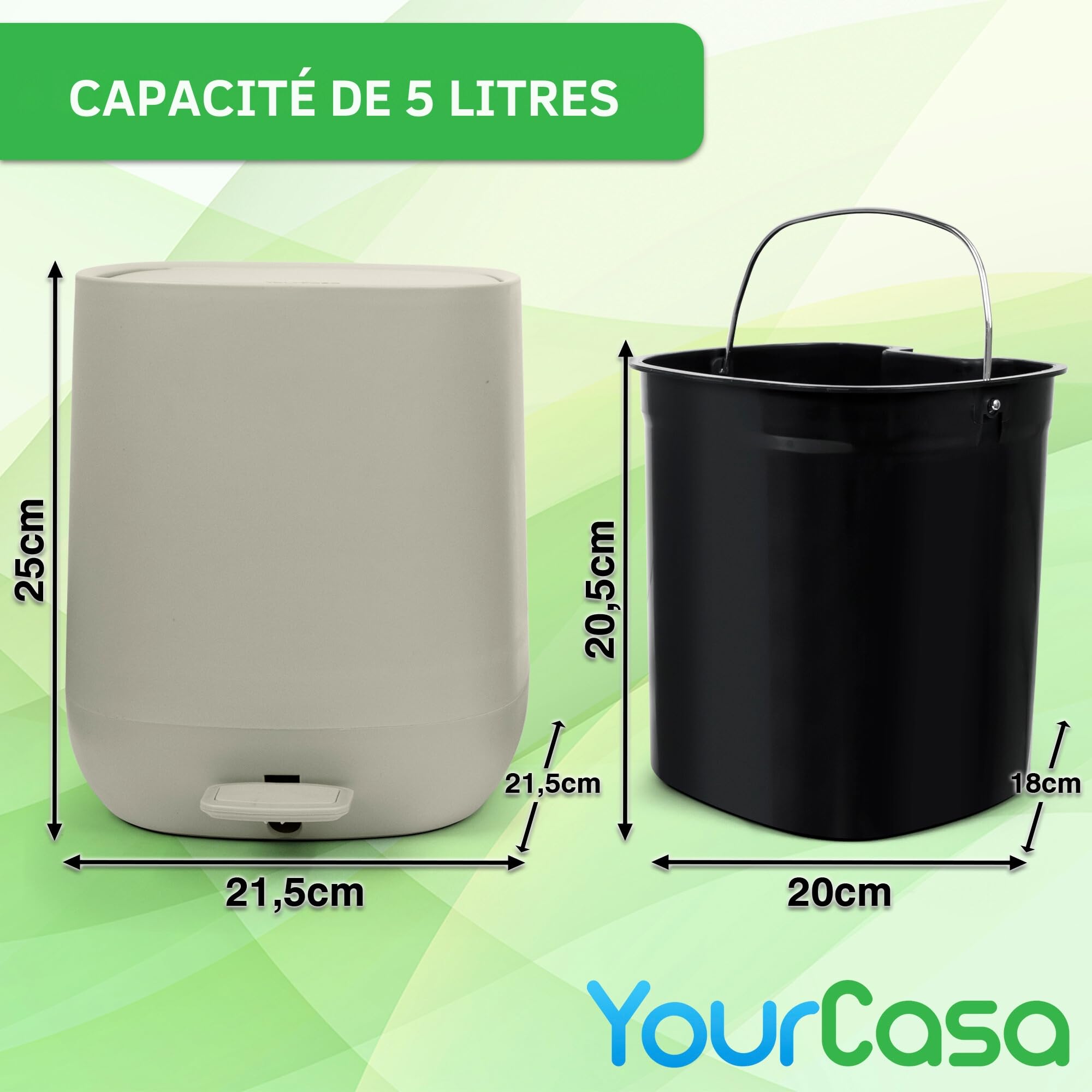 YourCasa® Poubelle salle bain [5L] Design élégant pour salle de bain ou cuisine - Poubelles salle de bain poubelle toilette wc - Poubelle design à pédale avec couvercle et fermeture amortie (Beige)