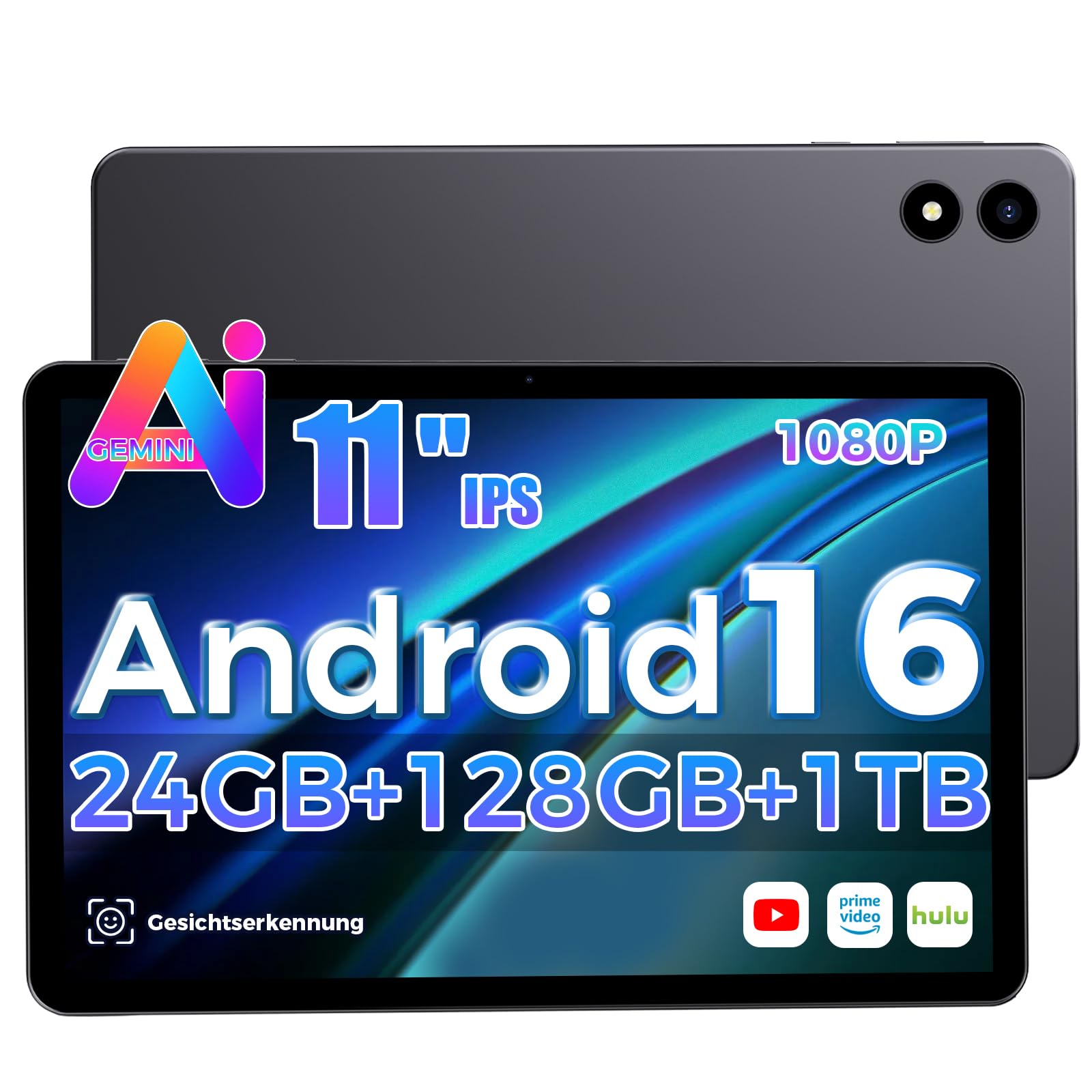 Tablet 11 Zoll mit Schutzhülle, 24GB+128GB, Android 16, Gemini AI, 7000mAh