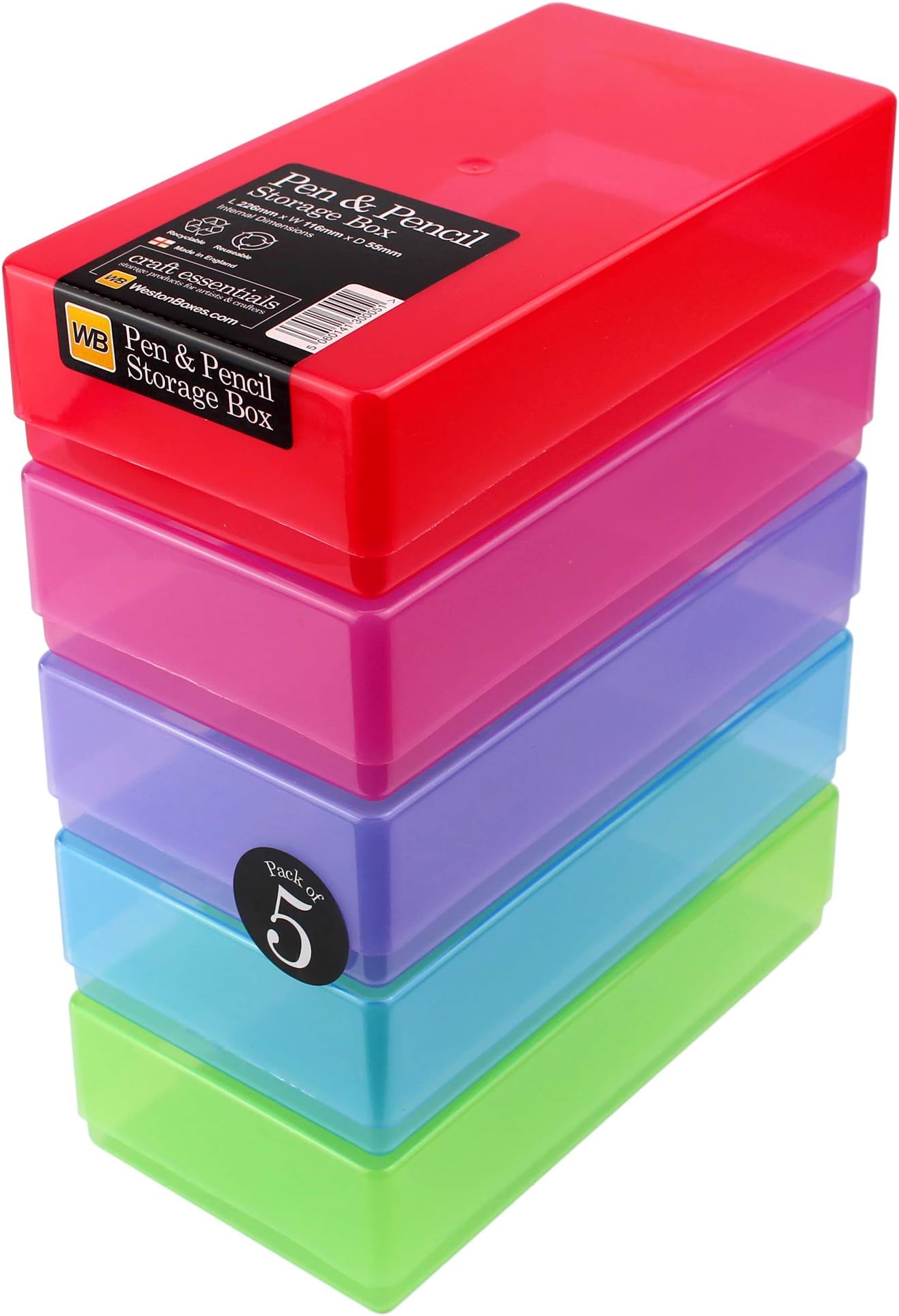 WestonBoxes Plastic Storage Boxes with Lids for Pens, Pencils and Stationery - 1.4 Litre Volume (Multicoloured/Transparent, Pack of 5)