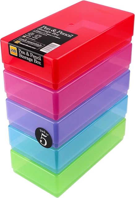 WestonBoxes Plastic Storage Boxes with Lids for Pens, Pencils and Stationery - 1.4 Litre Volume (Multicoloured/Transparent, Pack of 5)
