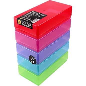 WestonBoxes Essentials for Stationery, Pens and Tools - Plastic Storage | 5 Colour Mix: Red, Pink, Blue, Green, Purple | Pens