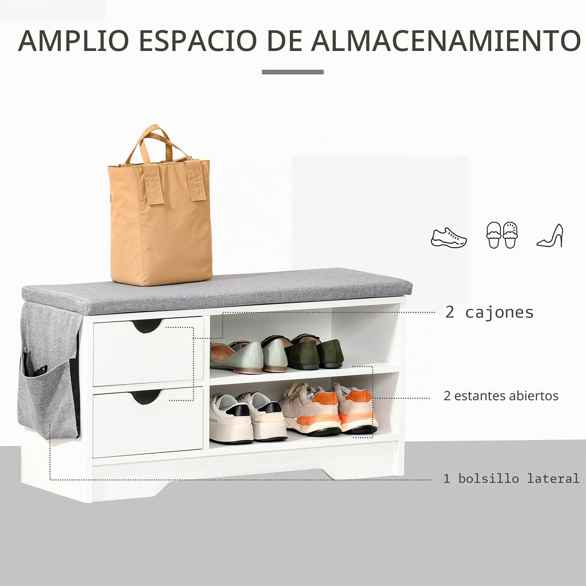HOMCOM Banco Zapatero con Asiento 2 Estantes Bolso Cojín Extraíble y 2 Cajones Banco Recibidor Capacidad para 4 Pares de Zapatos para Entrada Pasillo Moderno 80,5x30,5x43,5 cm Blanco y Gris