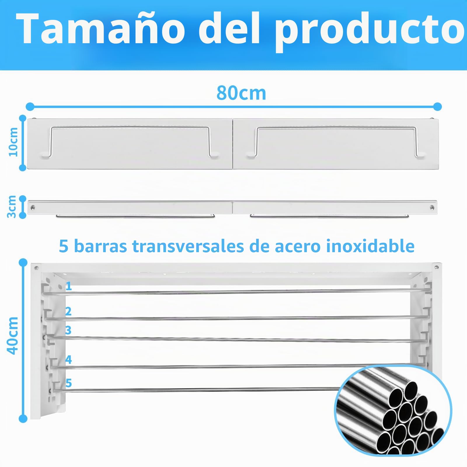 Tendedero de ropa montado en la pared | Tendedero retráctil | Tendedero plegable con varillas de 80 cm x 5 líneas para colgar | Secador de ropa plegable para baño interior y exterior (blanco)