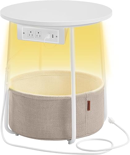 Miniatura 7 de VASAGLE LILEA Collection - Side Table with Charging Station, Round End Table with Fabric Basket, LED Nightstand with USB Ports, Modern, for Living