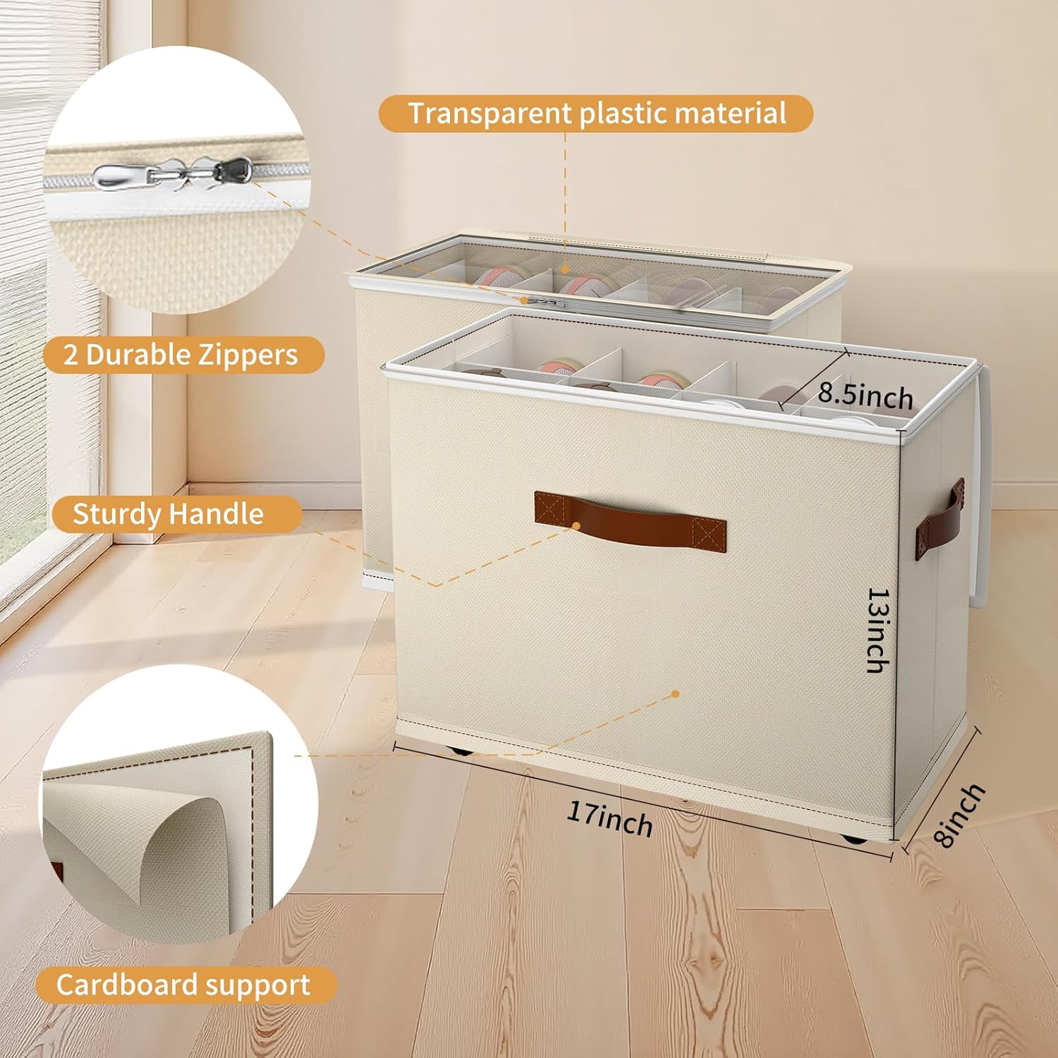 2 Pack Shoe storage Organizer for closet with wheels,No Assemble Required Shoe boxes with premium waterproof material，Adjustable Dividers Fits 16 Pairs,shoe Storage Bins with Reinforced Handle